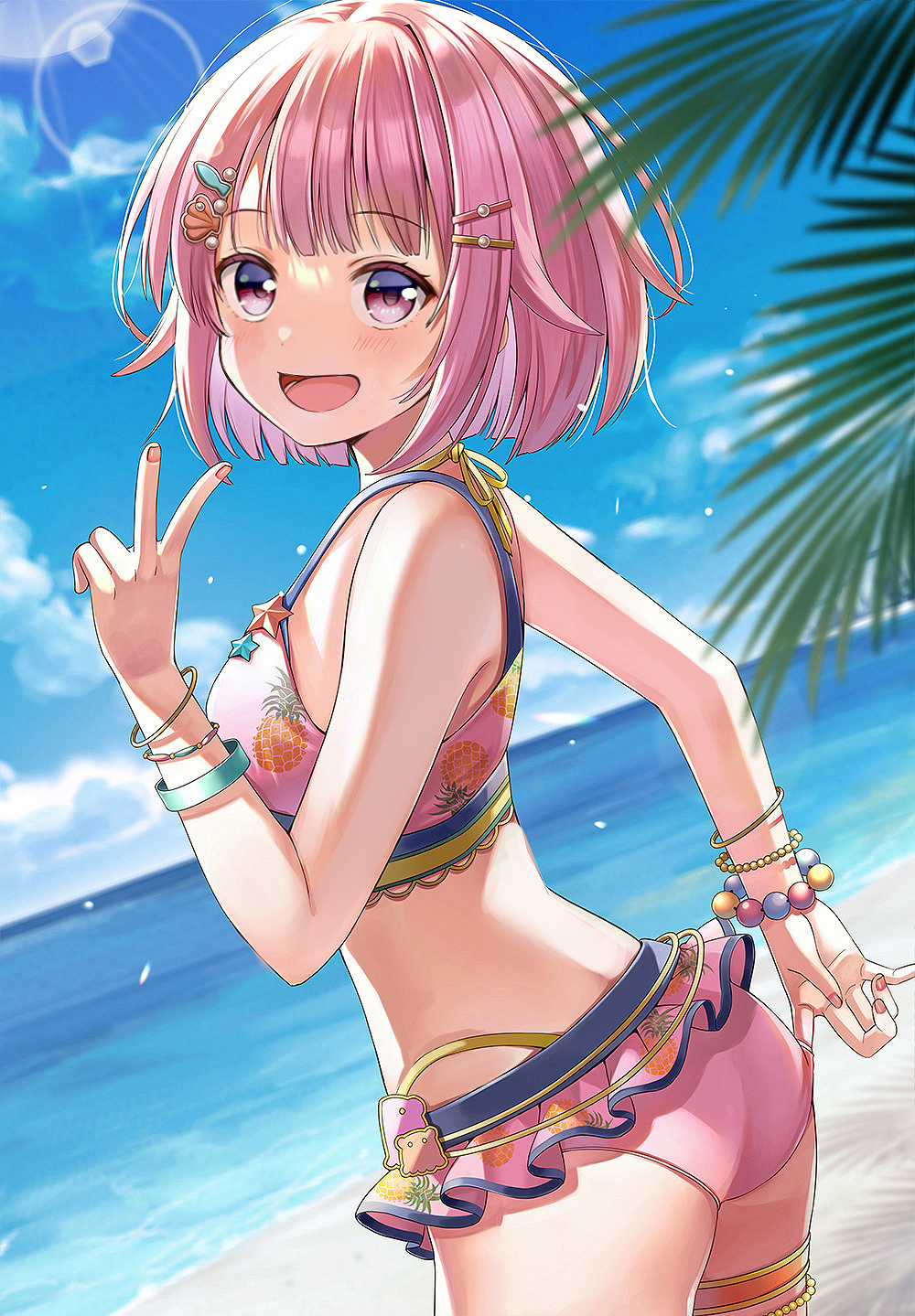 1girl :d ass bangs banned_artist bare_shoulders bikini blue_sky blush cloud commentary_request day frilled_bikini frills from_side hair_ornament hairclip hand_up highres horizon looking_at_viewer looking_to_the_side ocean ootori_emu open_mouth outdoors palm_tree pink_bikini pink_eyes pink_hair project_sekai revision short_hair sky smile solo swimsuit tree v water yuuka_nonoko