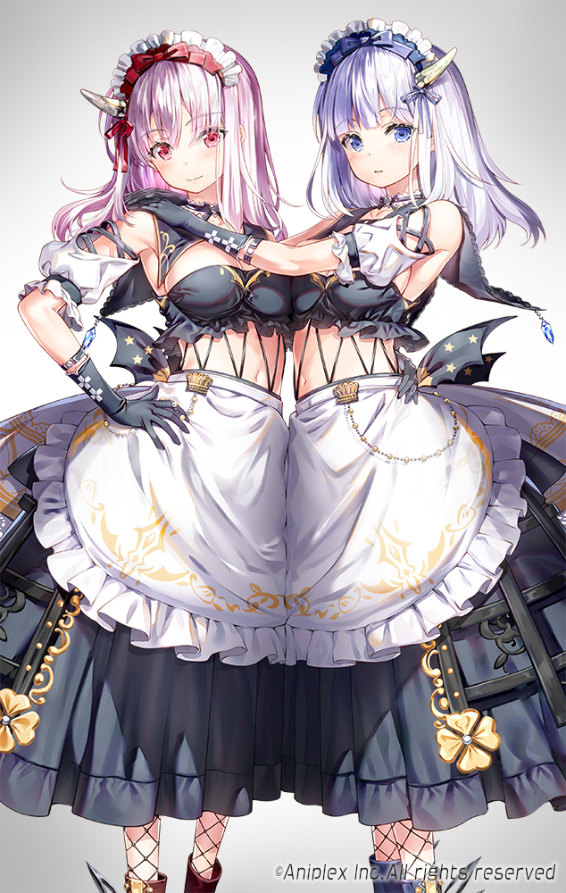 2girls apron bare_shoulders black_gloves black_skirt breasts build_divide closed_mouth commentary_request detached_sleeves frilled_apron frills fujima_takuya gloves gradient gradient_background grey_background hands_on_another's_shoulder long_hair looking_at_viewer maid maid_headdress medium_breasts multiple_girls official_art parted_lips pink_hair pleated_skirt puffy_short_sleeves puffy_sleeves purple_eyes purple_hair red_eyes short_sleeves siblings sisters skirt smile twins waist_apron white_apron white_background white_sleeves