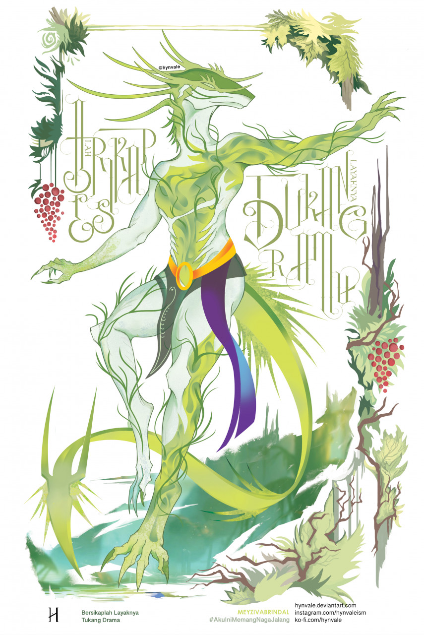 abstract_background anthro art_nouveau arthropod branch clothing costume dragon female food forest fruit grape grass green_body hi_res horn hybrid hynvale insect leaf meyzivabrindal_(hynvale) nature pinup plant pose solo spikes surreal tail_motion tailwag tree typography unique_colors unspecific_species wood