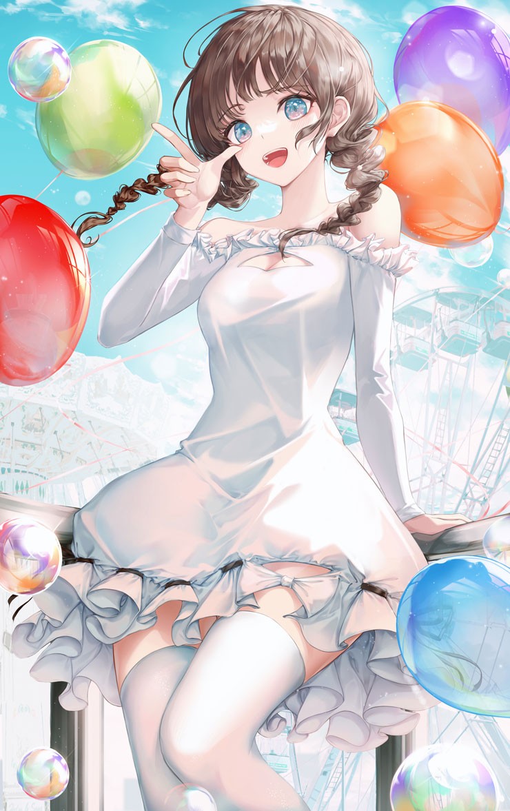 1girl :d against_railing balloon bangs bare_shoulders blue_eyes blue_sky bow braid breasts brown_hair cleavage cleavage_cutout clothing_cutout collarbone day dress feet_out_of_frame ferris_wheel frilled_dress frills h2o_(dfo) long_hair long_sleeves looking_at_viewer medium_breasts off-shoulder_dress off_shoulder open_mouth original outdoors railing sky smile solo standing thighhighs twin_braids white_bow white_dress white_thighhighs zettai_ryouiki