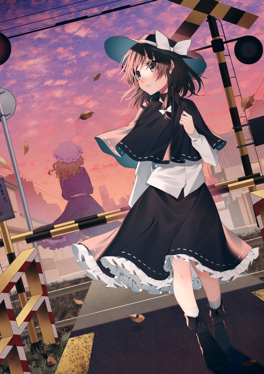 2girls autumn_leaves bangs black_capelet black_footwear black_headwear black_skirt boots bow brown_hair building capelet city cloud cloudy_sky commentary_request dress dutch_angle from_behind full_body gradient_sky grey_eyes hair_bow hat hat_bow highres kaede_(mmkeyy) long_hair long_sleeves looking_to_the_side maribel_hearn mob_cap multiple_girls orange_sky parted_lips purple_dress purple_sky railroad_crossing railroad_signal railroad_tracks ribbon-trimmed_capelet ribbon-trimmed_skirt ribbon_trim scenery shirt skirt sky socks solo_focus touhou usami_renko white_bow white_headwear white_shirt white_socks