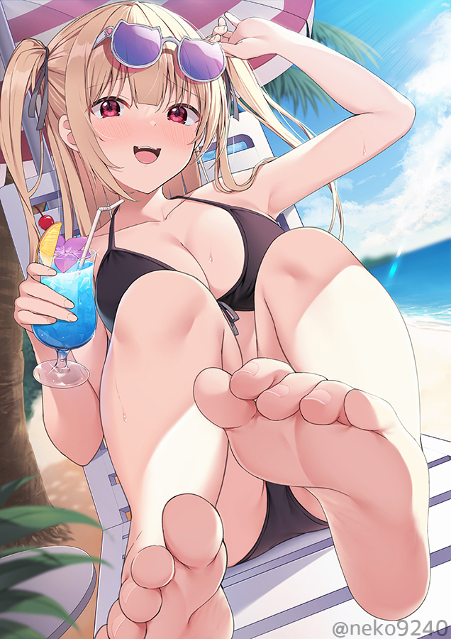 1girl :d arm_up bangs bare_arms bare_legs barefoot beach bikini black_ribbon blonde_hair blush breasts brown_bikini cat-shaped_eyewear chair cherry cleavage cloud cloudy_sky cocktail cocktail_glass collarbone commentary_request cup day drink drinking_glass drinking_straw eyewear_on_head fangs feet food foot_focus fruit furrowed_brow hair_between_eyes hair_tie halterneck hand_on_eyewear hand_up holding holding_drink large_breasts long_hair lounge_chair nekokobushi ocean original outdoors red_eyes ribbon sidelocks sitting sky smile soles solo sunglasses sweat swimsuit toes tree twitter_username two_side_up