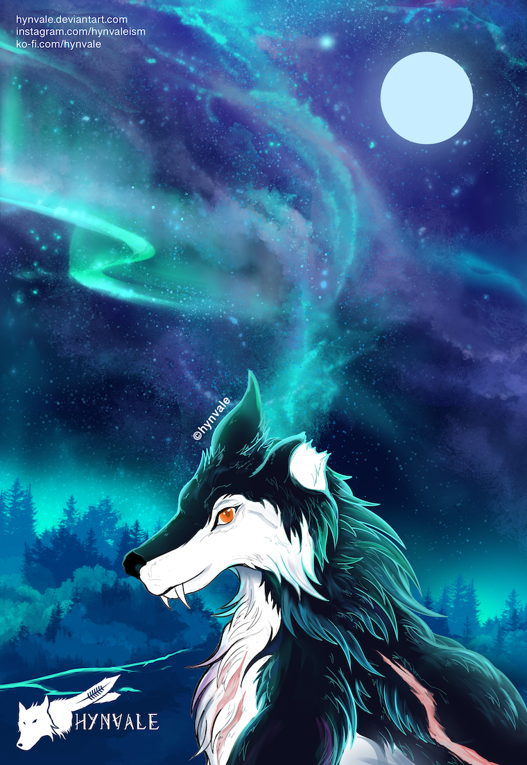 aurora_borealis broken_ear bust_portrait canid canine canis cloud detailed_background fangs female feral forest hynvale light lighting looking_at_another mammal moon nature nature_background night orange_eyes plant portrait scar smile solo star tamsin_(terranthewolf) tree wolf wounded