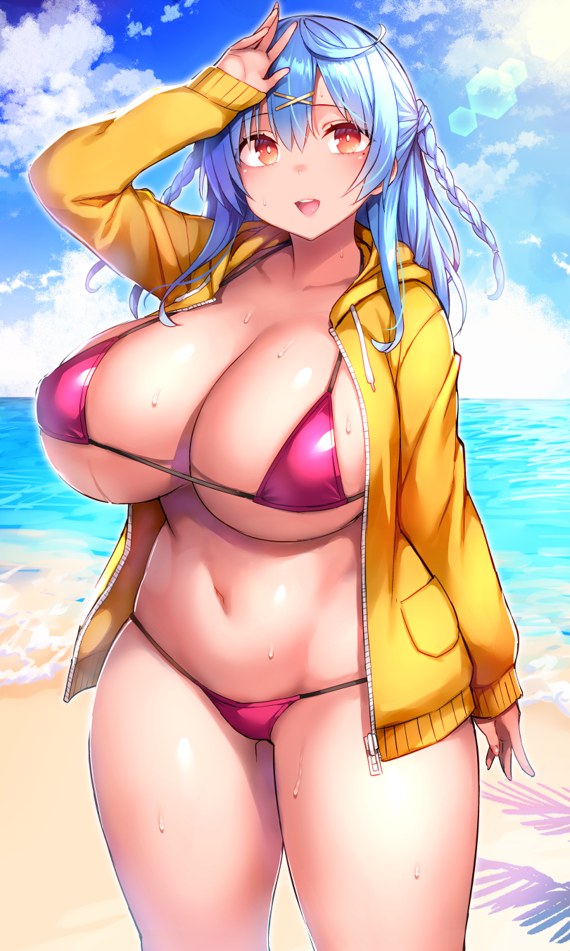 1girl arm_at_side arm_up beach belly bikini blue_hair blue_sky braid breasts cleavage cloud commentary_request cowboy_shot day hair_ornament highres horizon huge_breasts jacket lens_flare long_hair long_sleeves looking_at_viewer navel open_clothes open_jacket open_mouth original outdoors plump purple_bikini red_eyes sand sky solo standing sweat swimsuit tsukumiya_amane twin_braids unzipped water x_hair_ornament yellow_jacket
