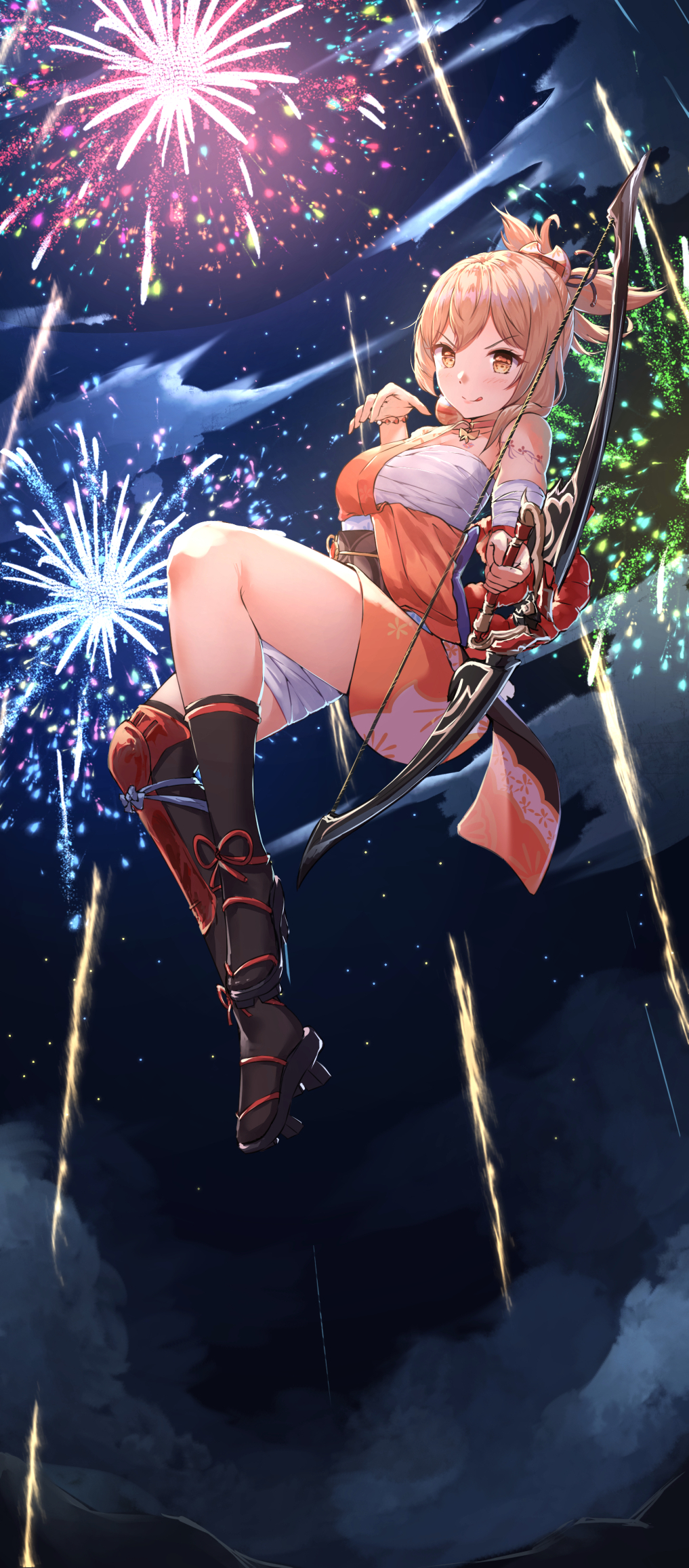 1girl :q aerial_fireworks asymmetrical_legwear bandaged_arm bandages bangs bare_shoulders black_footwear black_socks black_thighhighs blonde_hair blush bow_(weapon) brown_eyes chahei closed_mouth cloud collarbone commentary_request fireworks genshin_impact hand_up highres holding holding_bow_(weapon) holding_weapon japanese_clothes kimono looking_at_viewer night night_sky off_shoulder orange_kimono outdoors sarashi single_sock single_thighhigh sky smile socks solo thighhighs tongue tongue_out v-shaped_eyebrows weapon yoimiya_(genshin_impact)
