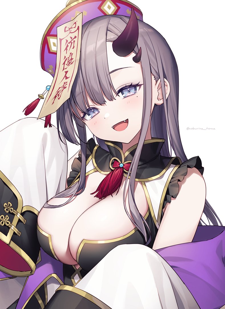 1girl bangs blue_eyes breasts cleavage grey_hair horns large_breasts long_hair long_sleeves looking_at_viewer mole mole_under_eye off_shoulder oni oni_horns open_mouth original purple_horns sidelocks simple_background single_horn sleeves_past_wrists solo talisman toma_(norishio) twitter_username upper_body white_background wide_sleeves