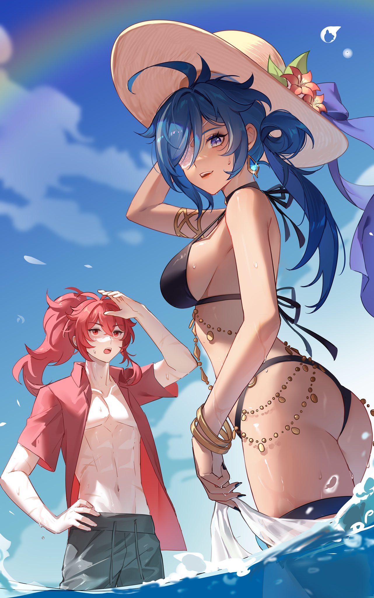 1boy 1girl antenna_hair arm_up ass bangle bangs bikini black_nails blue_eyes blue_hair blue_sky blush bracelet breasts collarbone commentary_request crossed_bangs dark-skinned_female dark_skin diluc_(genshin_impact) earrings eyelashes eyepatch flower genderswap genderswap_(mtf) genshin_impact hand_on_hip hat hat_flower highres jewelry kaeya_(genshin_impact) long_hair looking_at_another looking_at_viewer medium_breasts multicolored_hair navel ocean open_clothes open_mouth open_shirt pectorals rainbow red_eyes red_hair red_shirt sabakuyoru shirt sideboob sky sparkle star-shaped_pupils star_(symbol) streaked_hair sweatdrop swimsuit symbol-shaped_pupils thighs toned toned_male water white_headwear
