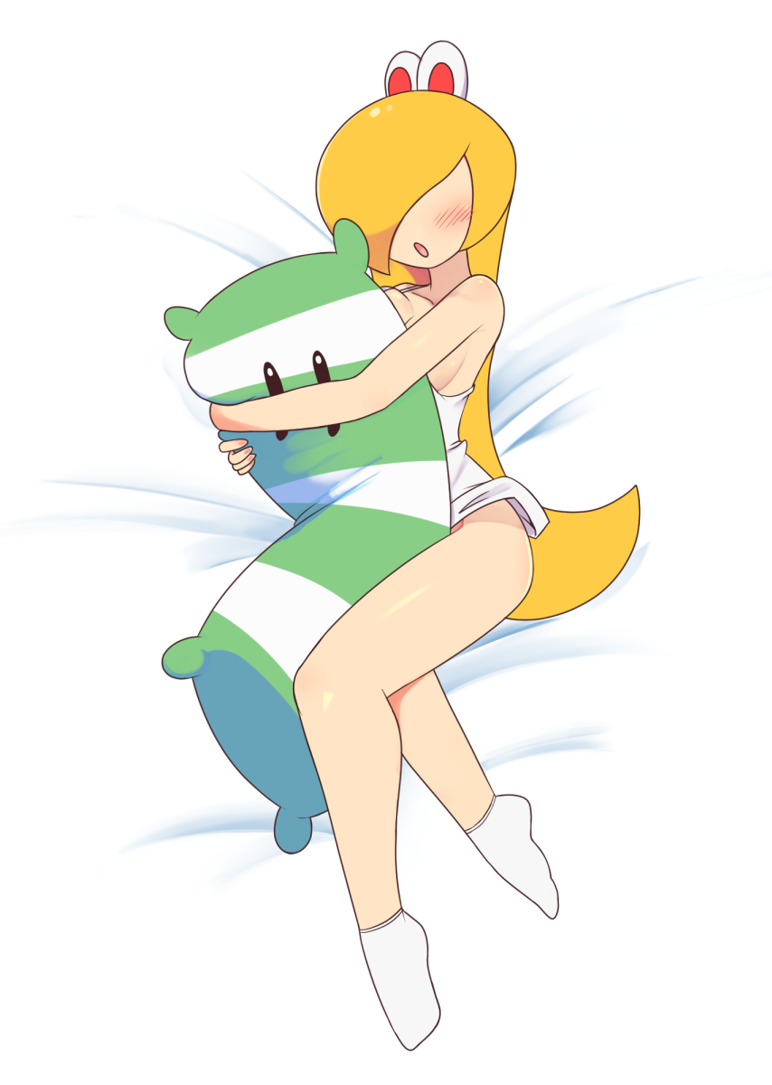 2019 5_fingers bed blonde_hair blush bottomless boxf breasts butt clothed clothing digital_media_(artwork) female hair humanoid koopa_troopa koopagirl legwear light_skin lying mario_bros nintendo on_side pillow_hug reptile scalie shirt side_boob skimpy socks solo tank_top turtle video_games