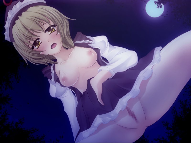 bad_id bad_pixiv_id blonde_hair breasts censored dutch_angle hat lunasa_prismriver moon night no_panties onsen_tamago_(nurumayu_onsen) open_clothes open_shirt pussy shirt short_hair small_breasts solo spread_legs touhou yellow_eyes