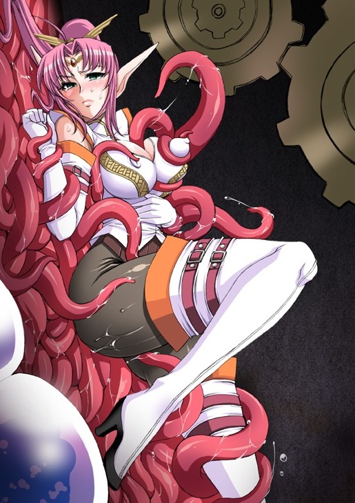 ahoge b-river blush bodysuit boots breast_grab breasts circlet cleavage cleavage_cutout copyright_request covered_nipples elbow_gloves elf gears gloves grabbing green_eyes high_heels large_breasts leg_up long_hair lying on_back pink_hair pointy_ears ponytail rape restrained shoes slime solo strap tentacles thigh_boots thigh_strap thighhighs white_legwear