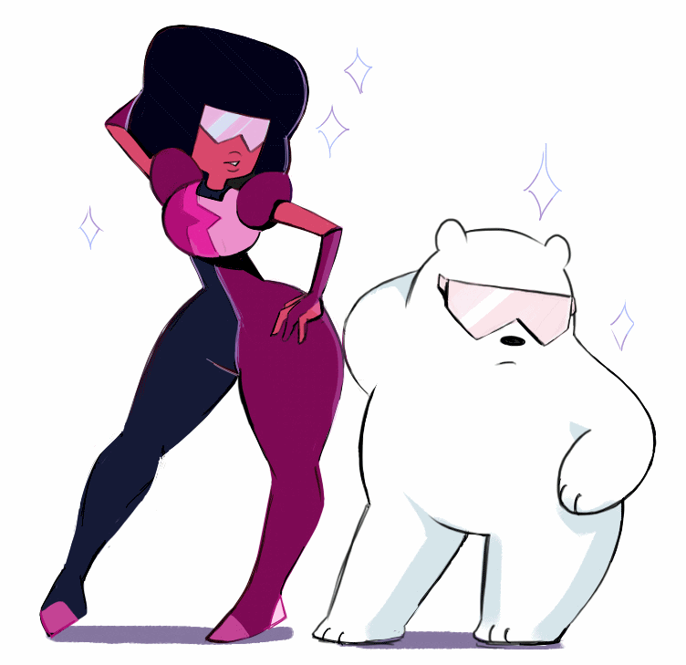 afro alien animated anthro armor black_hair black_nose cartoon_network clothed clothing crossover duo eyewear featureless_crotch female fully_clothed fur garnet_(steven_universe) gem_(species) gloves hair handwear humanoid ice_bear male mammal nude polar_bear pose red_body shadow simple_background source_request sparkles steven_universe sunglasses unknown_artist ursid ursine we_bare_bears white_background white_body white_fur