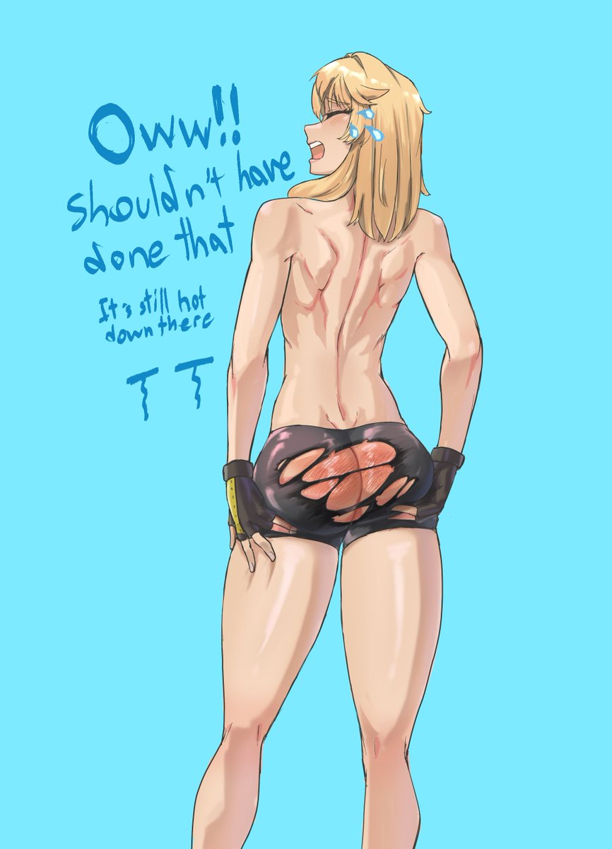 1boy accidental_exposure ass back blonde_hair bridget_(guilty_gear) burn_scar burnt burnt_clothes crying fingerless_gloves flying_sweatdrops from_behind gloves guilty_gear highres male_focus md5_mismatch pennperun resolution_mismatch scar solo source_larger tears thighs topless_male wardrobe_malfunction