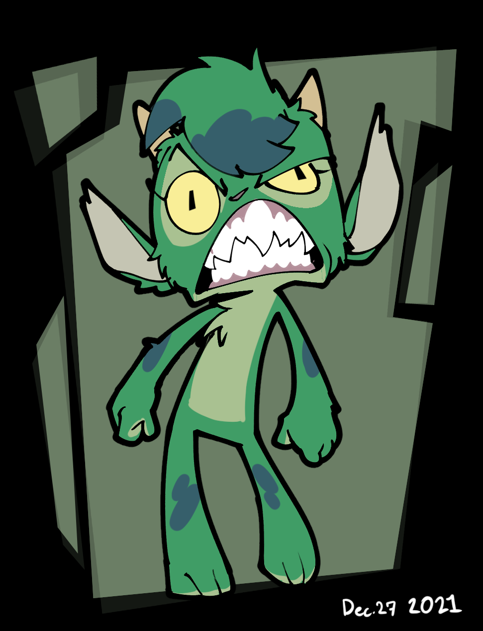 2021 angry anthro female fur green_body green_fur hi_res horn mickeymonster simple_background solo sweetpea_(mickeymonster) unknown_species yellow_eyes