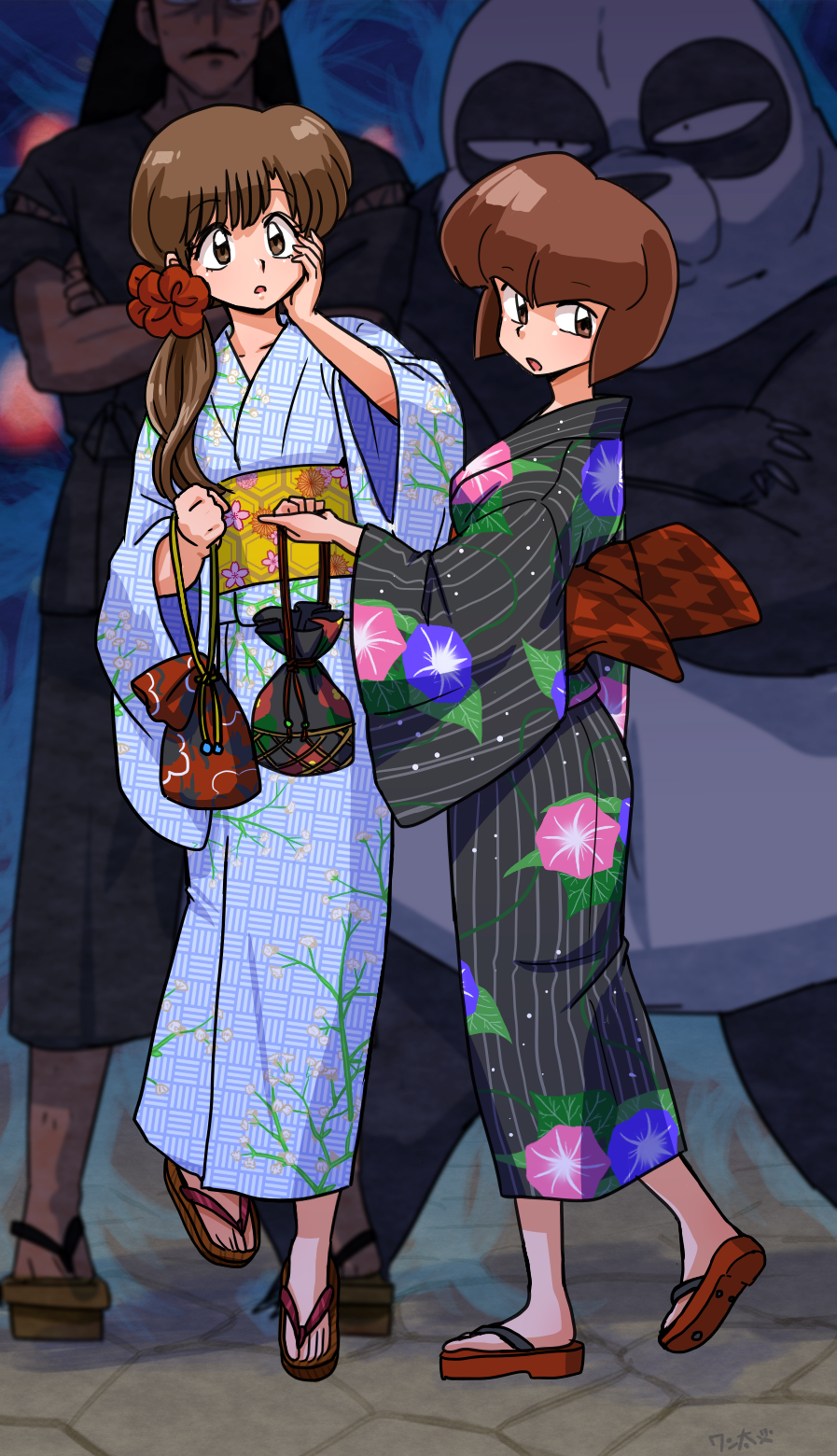 2girls brown_eyes brown_hair facial_hair father_and_daughter festival hair_ornament hands_on_own_face highres japanese_clothes kimono multiple_girls mustache open_mouth panda ranma_1/2 saotome_genma_(panda) siblings sisters tendou_kasumi tendou_nabiki tendou_souun toes wanta_(futoshi) yukata