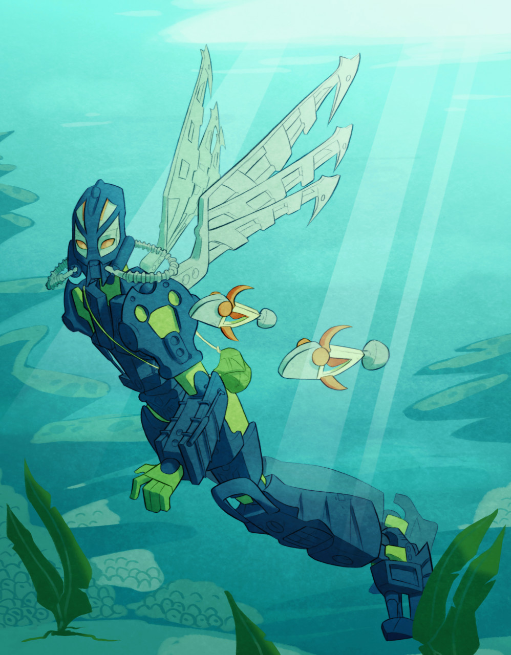 5_fingers ambiguous_gender armor bionicle blue_body carrying_over_shoulder detailed_background digital_drawing_(artwork) digital_media_(artwork) diving_mask fingers fish fruitcombo green_body hahli hi_res holding_object humanoid lego living_machine machine marine mask metal_wings multicolored_body orange_eyes outside pouch_(anatomy) pouch_play rahi robot scuba_gear sea seaweed solo standing toa two_tone_body underwater water