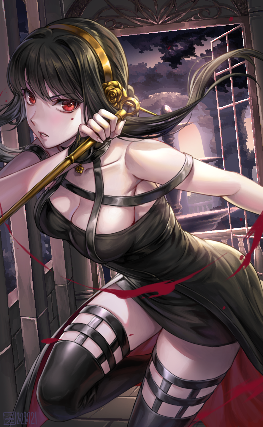 1girl bare_shoulders black_dress black_footwear black_gloves black_hair blood boots box_(hotpppink) breasts cleavage commentary commentary_request dagger dress dual_wielding earrings fingerless_gloves gloves hairband highres holding holding_dagger holding_weapon jewelry knife large_breasts mole mole_under_eye red_eyes short_dress short_hair solo spy_x_family symbol-only_commentary tailcoat thigh_boots weapon window yellow_hairband yor_briar