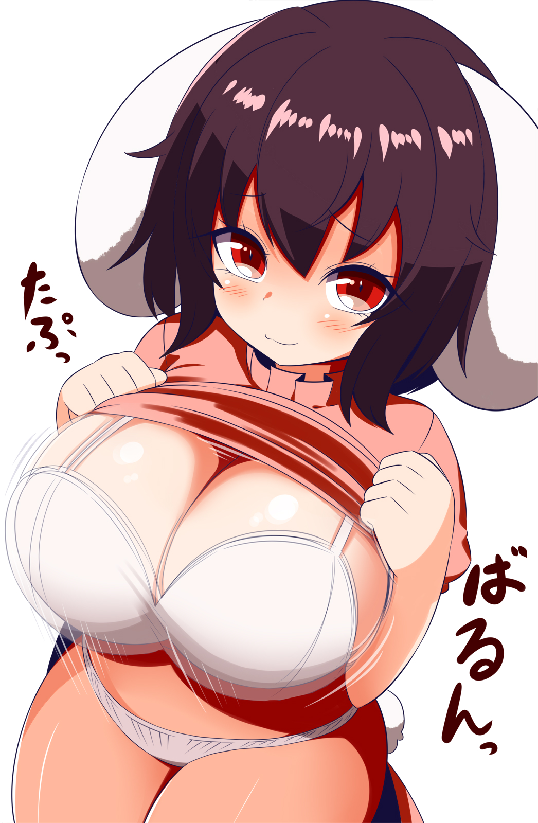 1girl alternate_breast_size animal_ears black_hair breasts cleavage clothes_lift dress floppy_ears highres huge_breasts inaba_tewi lifted_by_self oppai_loli pink_dress pink_shirt rabbit_ears rabbit_girl red_eyes shirt shirt_lift short_hair solo touhou wavy_hair xialu_zajin