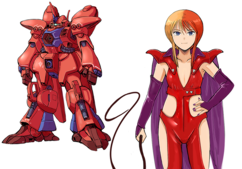 1girl bangs blonde_hair blue_eyes bridal_gauntlets chara_soon chara_soon_(cosplay) closed_mouth collarbone cosplay cowboy_shot detached_sleeves flat_chest gacha-m gundam gundam_zz hair_between_eyes hand_on_hip holding long_sleeves looking_at_viewer mecha multicolored_hair nail_polish purple_nails purple_sleeves puru_two red_hair robot shiny shiny_hair short_hair_with_long_locks sidelocks smile solo standing two-tone_hair whip