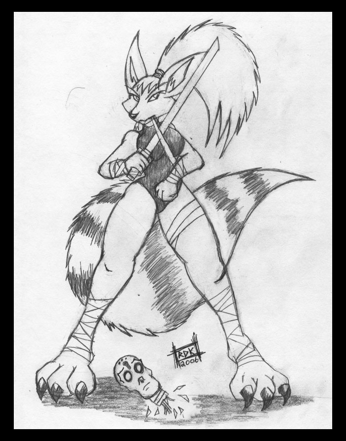 android anthro archie_comics bandage bandaged_arm canid canine decapitation duo female foot_soldier_(tmnt) fox hair long_hair machine male male/female mammal melee_weapon ninjara_(tmnt) ponytail reddragonkan robot severed_head sword teenage_mutant_ninja_turtles traditional_media_(artwork) weapon