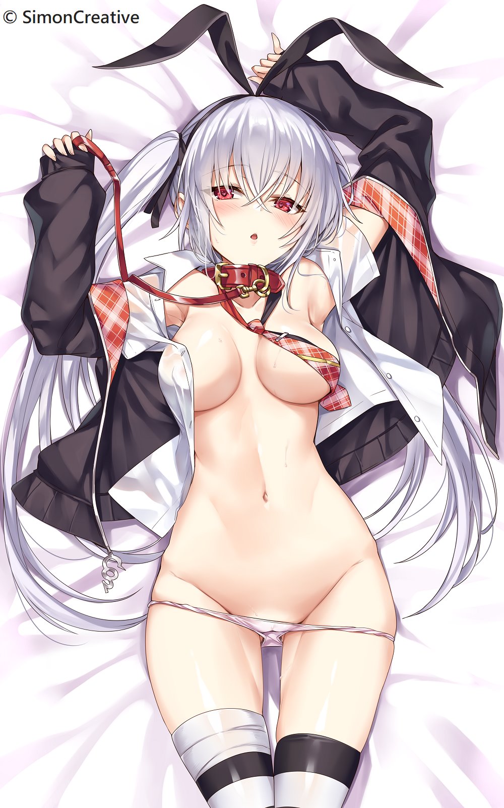 1girl armpits arms_up bangs black_hairband black_jacket black_thighhighs blush breasts co2_(hika) collar copyright dakimakura_(medium) dress_shirt groin hair_between_eyes hairband highres jacket leash long_hair lying medium_breasts navel necktie open_clothes open_jacket open_mouth open_shirt panties panty_pull pink_panties plaid plaid_necktie red_collar red_eyes red_necktie shirt sleeves_past_wrists solo stomach striped striped_thighhighs sweat the_personification_of_atmosphere thighhighs twintails underwear white_hair white_shirt white_thighhighs xephyrks