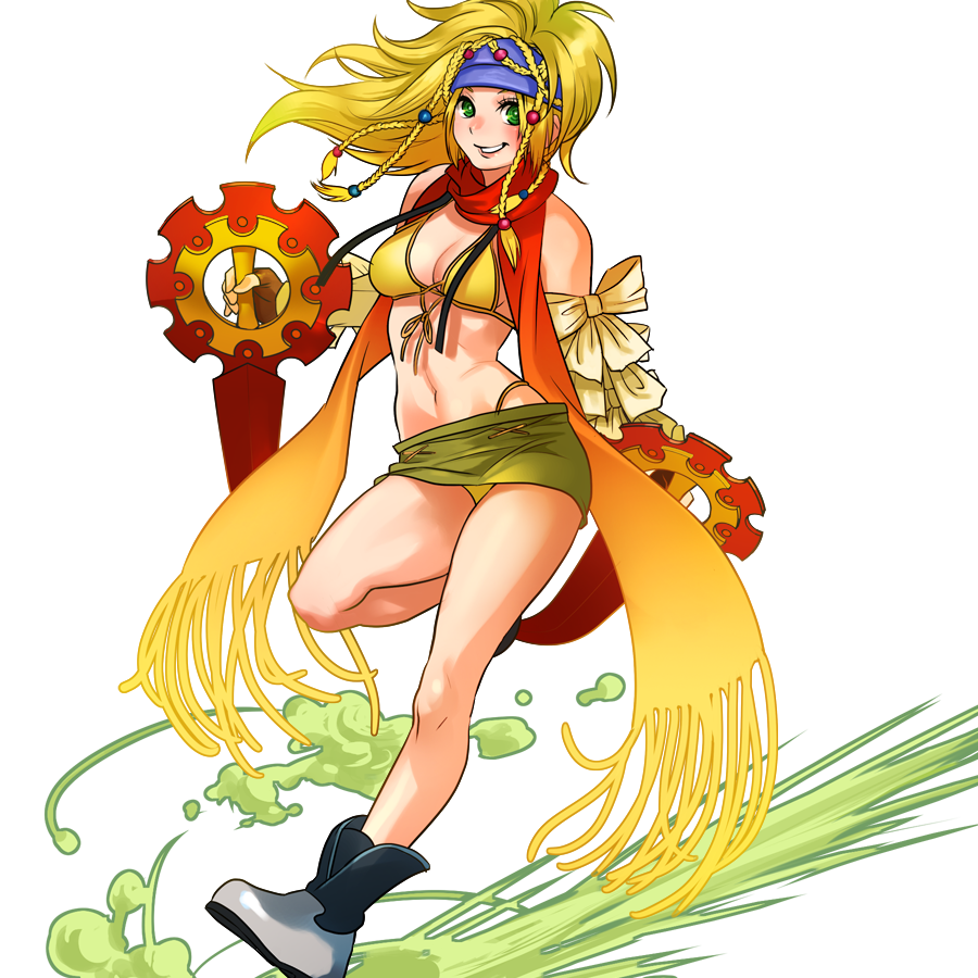 1girl bare_shoulders beads bikini blonde_hair blue_headband boots braid breasts cleavage detached_sleeves dual_wielding final_fantasy final_fantasy_x final_fantasy_x-2 full_body gradient_scarf green_eyes hair_beads hair_ornament headband holding holding_weapon long_hair looking_at_viewer medium_breasts microskirt midriff multiple_braids navel nexeee rikku skirt smile solo swimsuit teeth transparent_background weapon yellow_bikini