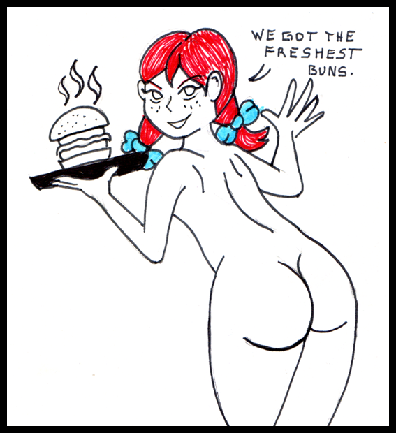 accessory burger butt dialogue female food hair hair_accessory human mammal nude parody pigtails plate red_hair reddragonkan simple_background solo text traditional_media_(artwork) wendy's_old_fashioned_hamburgers wendy_thomas