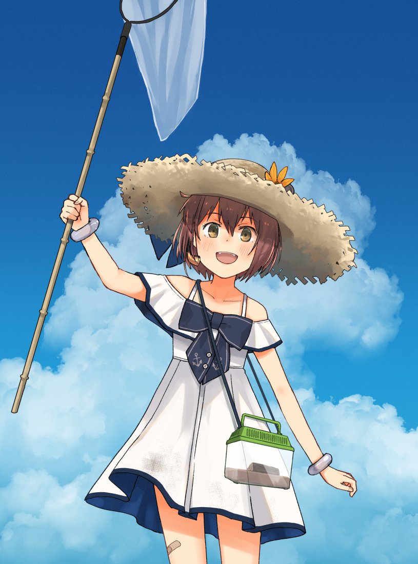 1girl annin_musou bandaid bandaid_on_leg blue_sky blush brown_eyes brown_hair butterfly_net cloud cloudy_sky collarbone cowboy_shot day dress flower hair_between_eyes hand_net hat hat_flower holding holding_butterfly_net insect_cage kantai_collection looking_at_viewer official_alternate_costume open_mouth short_hair sky smile solo straw_hat sun_hat white_dress yellow_flower yukikaze_(kancolle)