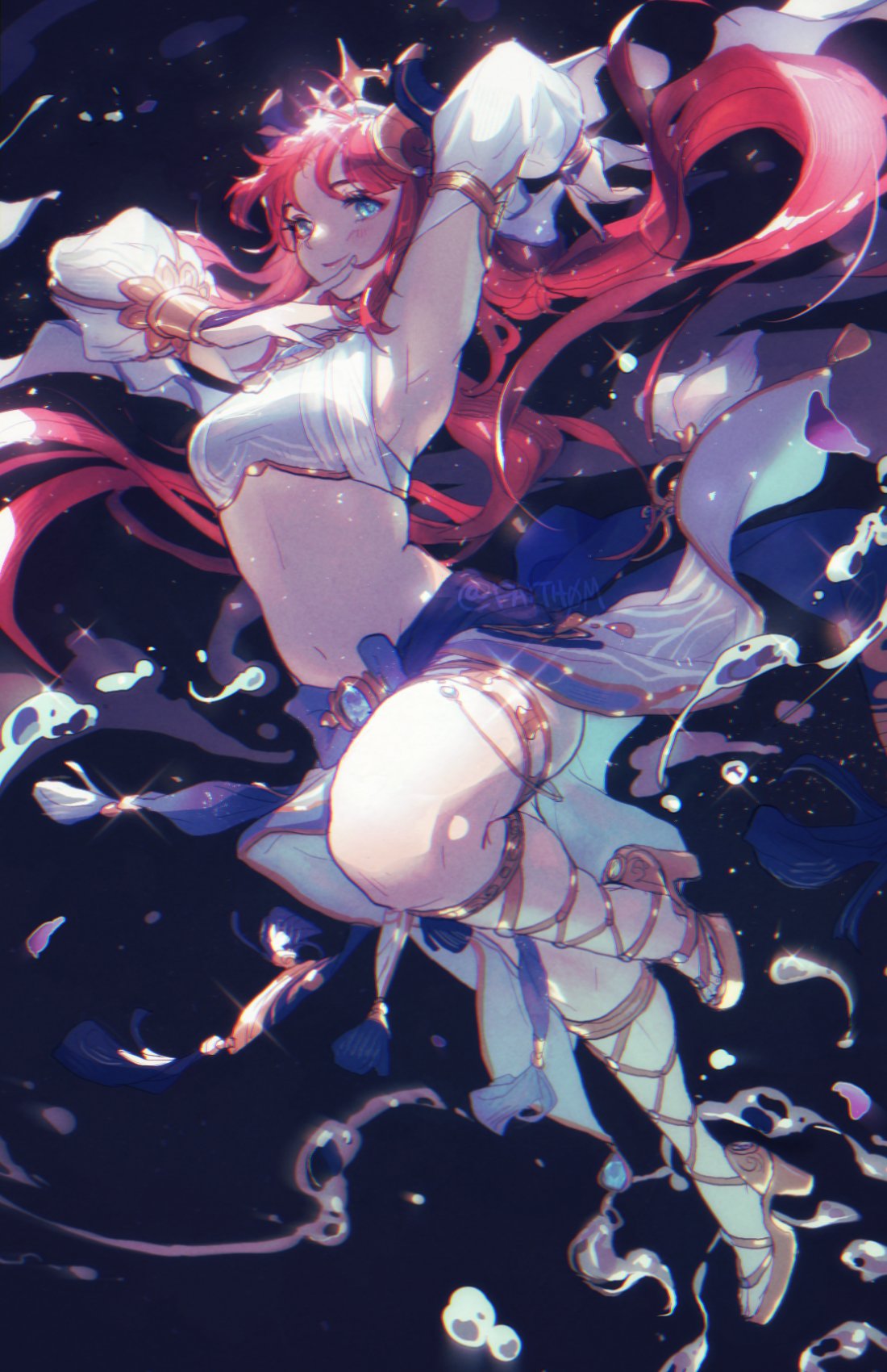 1girl armpits arms_up blue_eyes blush breasts bridal_gauntlets closed_mouth commentary crop_top detached_sleeves english_commentary faithom floating_hair genshin_impact gladiator_sandals gold_trim hair_ornament high_heels highres lips long_hair looking_at_viewer medium_breasts navel nilou_(genshin_impact) pink_lips red_hair sandals sideboob skirt smile solo standing standing_on_one_leg stomach thighs tiara veil very_long_hair white_skirt