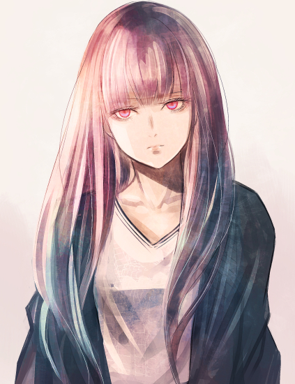 1girl closed_mouth collarbone frown grey_background grey_jacket jacket long_hair looking_at_viewer open_clothes open_jacket original pink_eyes pink_hair shirt simple_background solo straight_hair sushi_(sashimise) upper_body very_long_hair white_shirt