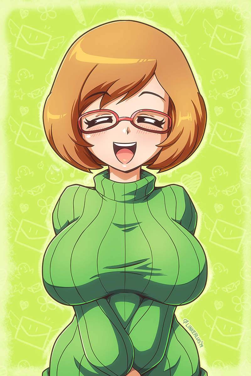 ! 1girl :o artist_request blush bob_cut breasts brown_hair closed_eyes commentary_request highres large_breasts nikki_(swapnote) non-web_source open_mouth paper pencil ribbed_sweater short_hair sketch solo source_request swapnote sweater