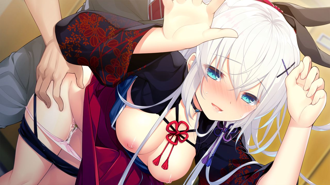 1boy 1girl :d bangs black_shorts blue_eyes blush breasts clothes_lift clothes_pull cum cum_on_legs diagonal-striped_necktie drooling dutch_angle game_cg grey_pants hair_between_eyes hair_ornament hetero honda_tamanosuke long_hair long_sleeves medium_breasts momiji_to_one_room necktie nipples open_mouth panties pants panty_pull red_necktie red_skirt sex sex_from_behind shorts shorts_pull skirt skirt_lift smile suzakuin_momiji sweatdrop thigh_gap underwear white_hair white_panties x_hair_ornament