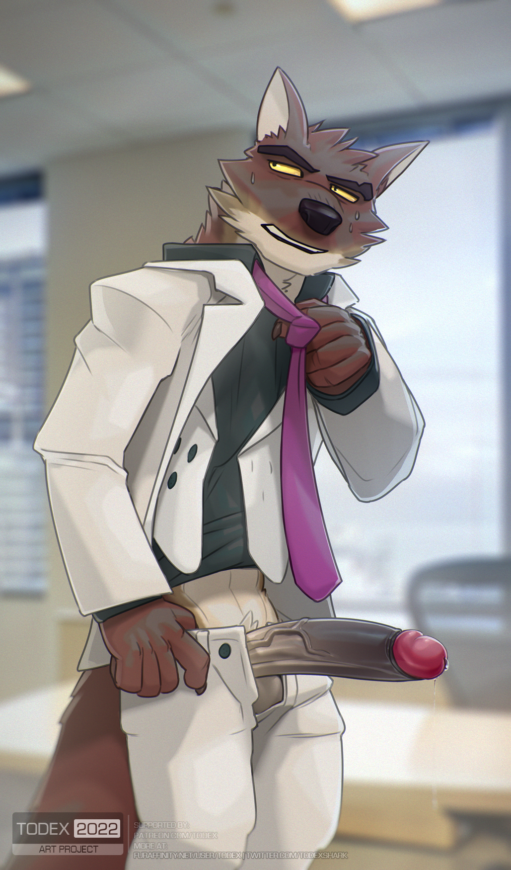 anthro bottomwear canid canine canis clothed clothing dreamworks erection genitals hi_res humanoid_genitalia humanoid_penis male mammal mr._wolf_(the_bad_guys) necktie open_bottomwear open_clothing open_pants pants penis solo the_bad_guys todex wolf