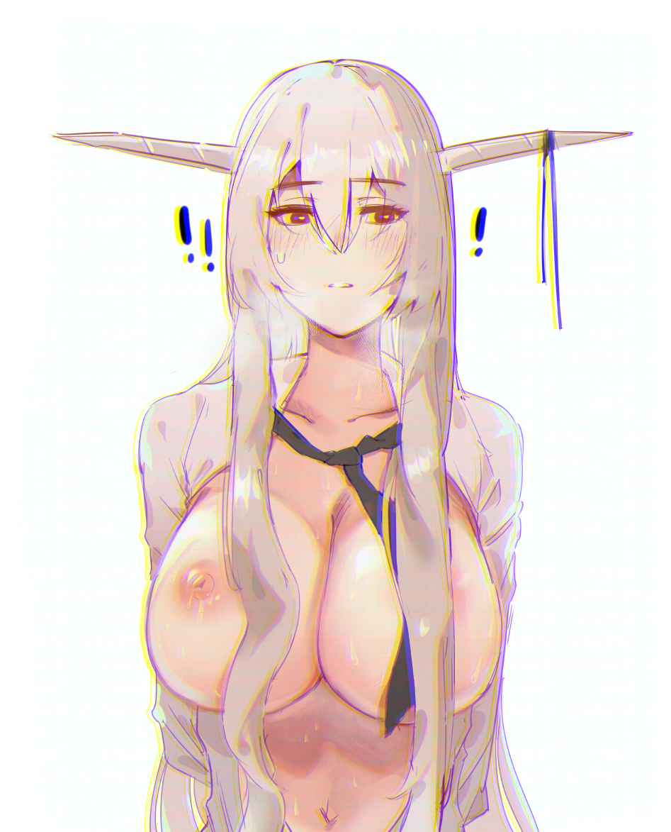 ! 1girl arknights blush breasts brown_eyes cleavage elsi hair_between_eyes horns long_hair navel necktie nipples open_clothes parted_lips shining_(arknights) solo sweat sweatdrop white_hair