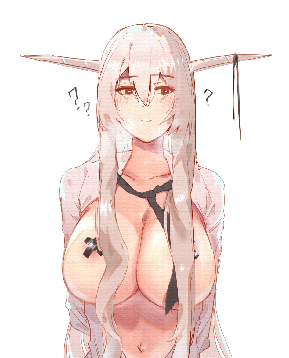 1girl ? areola_slip arknights blush breasts brown_eyes cleavage elsi hair_between_eyes horns long_hair navel necktie open_clothes parted_lips pasties shining_(arknights) solo sweatdrop white_hair