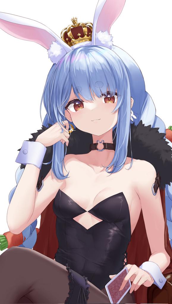 1girl animal_ears bare_shoulders black_choker black_leotard black_pantyhose blue_hair braid breasts bridal_garter bunny-shaped_pupils cape card carrot_hair_ornament casino_card_table choker closed_mouth crescent crescent_earrings crossed_legs crown cutout_above_navel earrings food-themed_hair_ornament fur-trimmed_cape fur_trim hair_ornament hair_twirling hololive jewelry leotard long_hair looking_at_viewer multicolored_hair o-ring o-ring_choker orange_eyes pantyhose playboy_bunny playing_card rabbit_ears rabbit_girl shiunnkaku simple_background sitting small_breasts smile solo strapless strapless_leotard symbol-shaped_pupils table thick_eyebrows throne twin_braids twintails two-tone_hair usada_pekora virtual_youtuber white_background white_hair wrist_cuffs