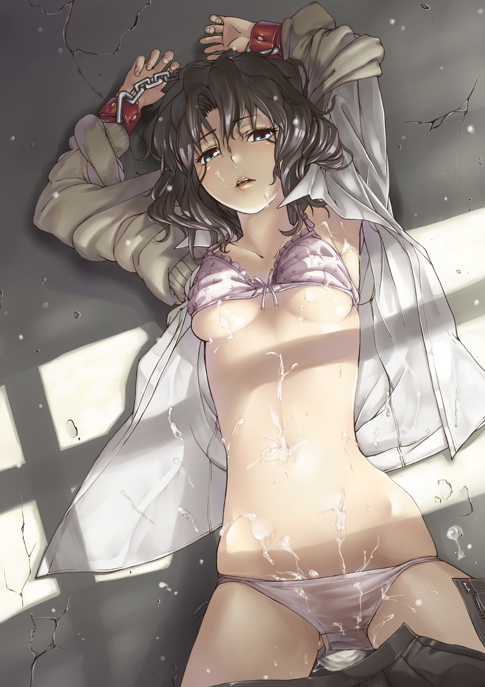 after_sex amagami azuma_ren bdsm bondage bound bra breasts chain cum cum_in_navel cum_in_pussy cum_on_body cum_on_breasts cum_on_clothes cum_on_floor cum_on_lower_body cum_on_stomach cum_on_upper_body cum_pool face facial highres lingerie looking_at_viewer lying medium_breasts on_back open_clothes open_mouth open_shirt panties pleated_skirt shirt skirt solo tanamachi_kaoru underboob underwear