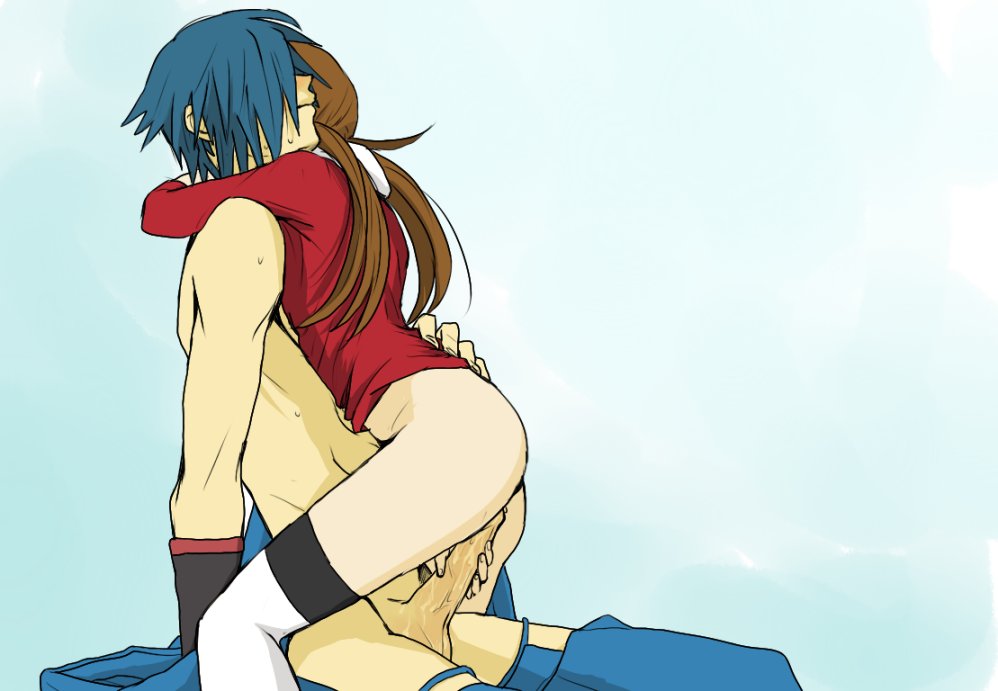 1girl arms_around_neck bad_id bad_pixiv_id blue_hair blush bottomless breasts brown_hair guided_penetration hand_on_another's_penis hayato_(pokemon) hetero hug kotone_(pokemon) medium_breasts no_panties penis pokemon pokemon_(game) pokemon_hgss straddling sweat thighhighs tsurukame_(mihomi) twintails upright_straddle