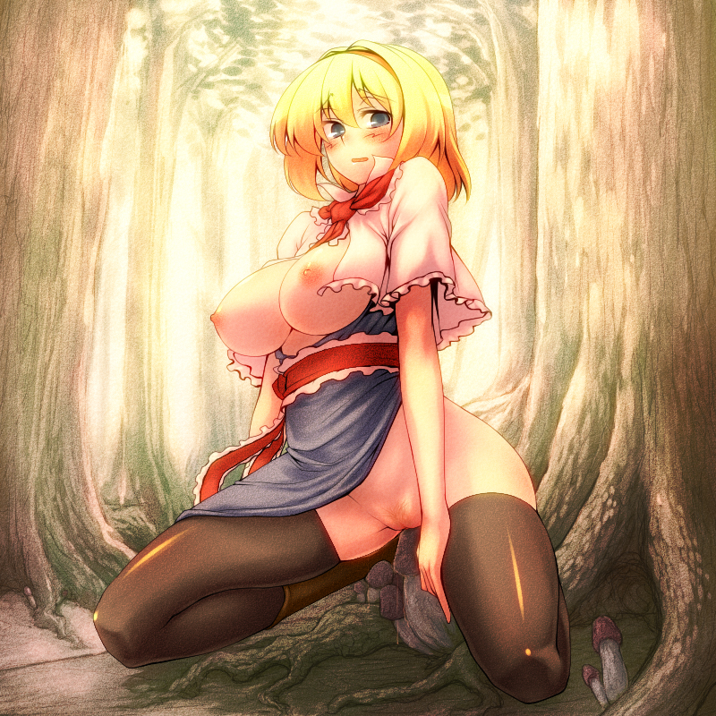 alice_margatroid blonde_hair blonde_pubic_hair blue_eyes blush breasts breasts_outside forest kneeling large_breasts mushroom nature nipples no_bra no_panties open_clothes open_shirt pubic_hair pussy_juice shirt solo thighhighs touhou tree tro uncensored