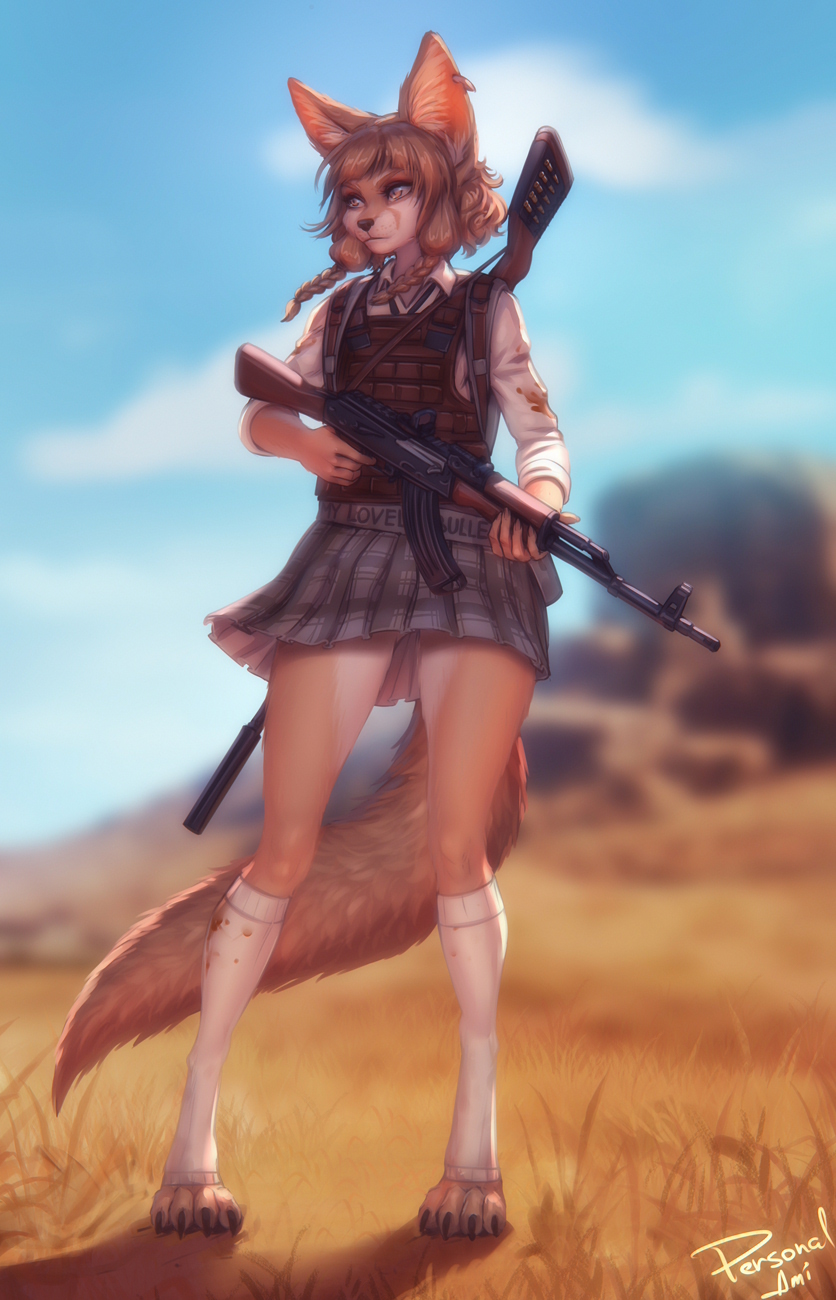 1girl alternate_universe animal_ears artist_name bangs blood blood_on_clothes blunt_bangs blurry blurry_background body_armor braid brown_eyes brown_hair day earrings fox_ears fox_tail full_body furry furry_female gun highres holding holding_gun holding_weapon jewelry khiara_(personal_ami) kneehighs lips looking_to_the_side original outdoors personal_ami playerunknown's_battlegrounds pleated_skirt savannah shirt short_hair side_braids signature skirt socks solo standing tail weapon white_shirt white_socks
