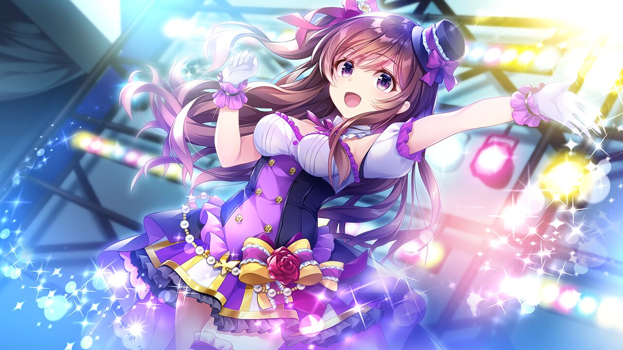 1girl :d black_headwear blurry blurry_background bow breasts brown_hair cowboy_shot detached_collar floating_hair frilled_skirt frills game_cg gloves gradient_hair hair_bow hat hat_bow hoshi_no_otome_to_rikka_no_shimai idol long_hair matsurika_karen medium_breasts mini_hat miniskirt multicolored_clothes multicolored_hair multicolored_skirt mutou_kurihito nanotaro open_mouth outstretched_arm purple_eyes purple_hair red_bow shiny shiny_hair side_ponytail skirt smile solo spotlight stage standing underbust very_long_hair white_gloves