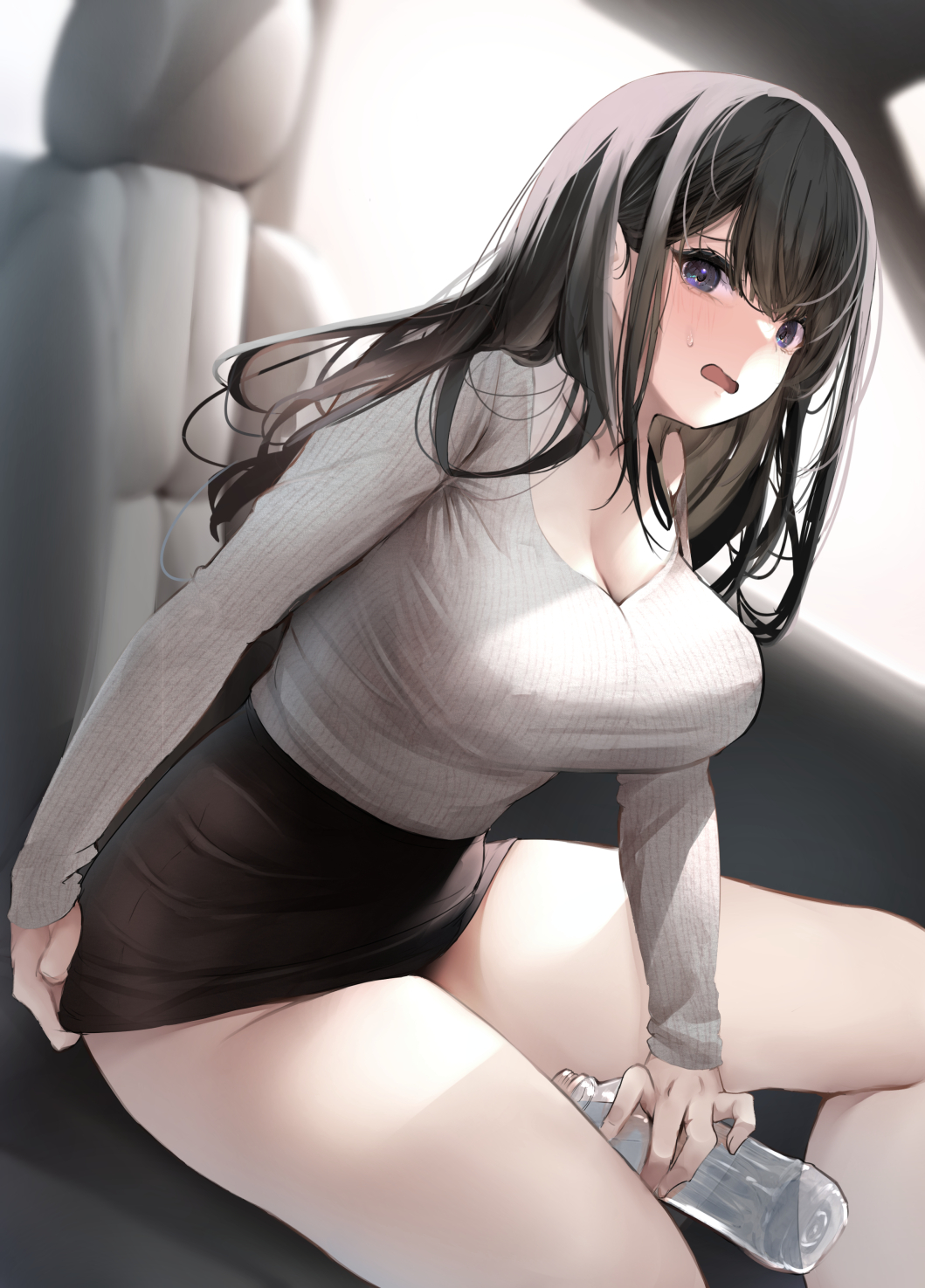 1girl bangs banned_artist black_eyes black_hair black_skirt bottle breasts car_interior chair cleavage clothes_pull commentary_request embarrassed fay_(fay_axl) grey_sweater highres holding holding_bottle large_breasts long_hair looking_at_viewer miniskirt open_mouth original sitting skirt skirt_pull solo sweater thighs water_bottle wavy_mouth