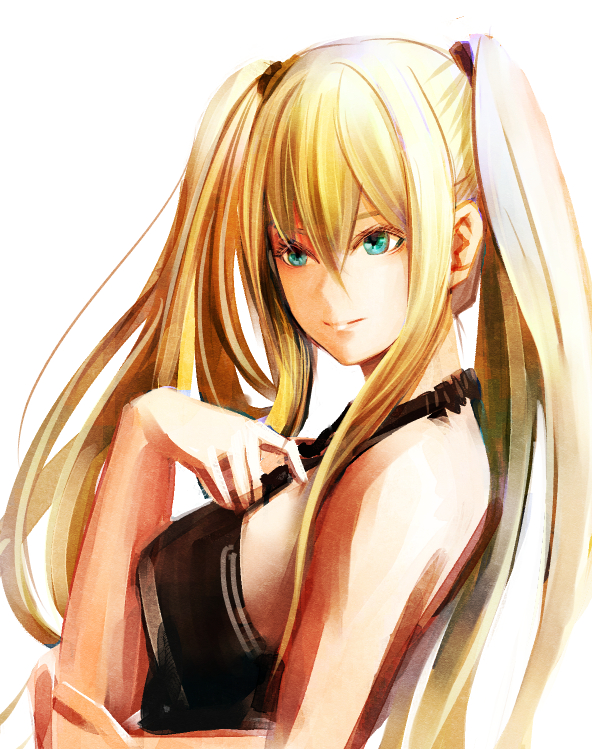 1girl bangs bare_arms black_shirt blonde_hair breasts closed_mouth from_side green_eyes hair_between_eyes headgear long_hair medium_breasts original shirt sideboob simple_background sleeveless sleeveless_shirt smile solo sushi_(sashimise) twintails very_long_hair white_background