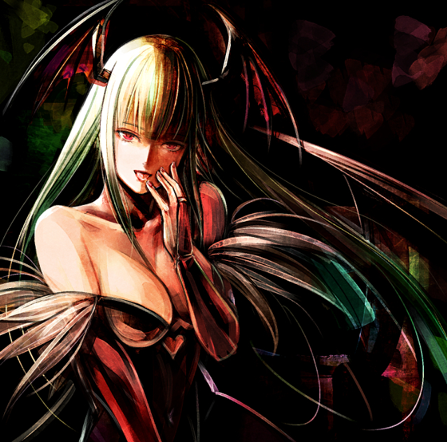 1girl bangs blunt_bangs breasts bridal_gauntlets cleavage collarbone covered_navel detached_sleeves floating_hair green_hair head_wings large_breasts leotard long_hair long_sleeves looking_at_viewer morrigan_aensland red_eyes red_sleeves solo sushi_(sashimise) tongue tongue_out vampire_(game) very_long_hair