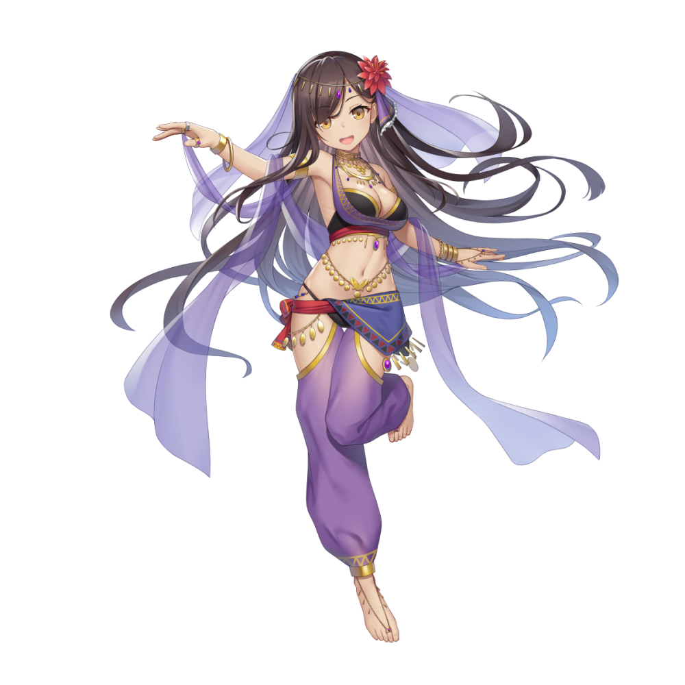 1girl :d bangle bangs bare_shoulders barefoot_sandals black_hair bracelet breasts brown_eyes cleavage commentary_request dancer flower hair_flower hair_ornament harem_outfit heijialan hip_vent jewelry long_hair looking_at_viewer medium_breasts navel original pants purple_pants red_flower see-through simple_background smile solo standing standing_on_one_leg very_long_hair white_background