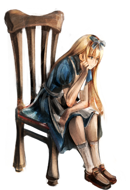 1girl alice_(alice_in_wonderland) alice_in_wonderland apron blonde_hair blue_bow blue_shirt blue_skirt bow brown_footwear hat hat_bow leaning_forward loafers long_hair medium_skirt shirt shoes short_sleeves simple_background skirt socks solo straight_hair sushi_(sashimise) very_long_hair white_apron white_background white_socks