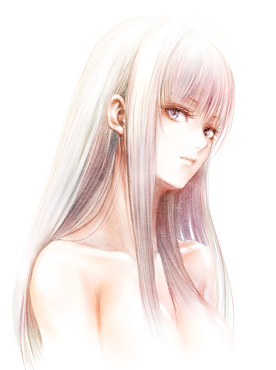 1girl closed_mouth collarbone grey_eyes long_hair looking_at_viewer nude original portrait simple_background solo straight_hair sushi_(sashimise) very_long_hair white_background white_hair