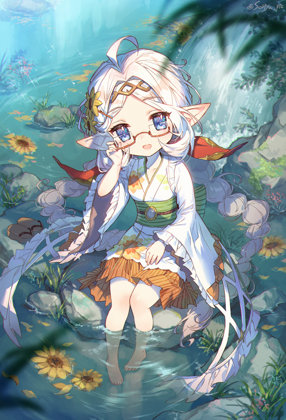 1girl adjusting_eyewear ahoge barefoot blue_eyes braid flower glasses granblue_fantasy harvin highres japanese_clothes kimono long_hair pointy_ears sitting soriya sunflower twin_braids twitter_username water white_hair wide_sleeves yukata zahlhamelina