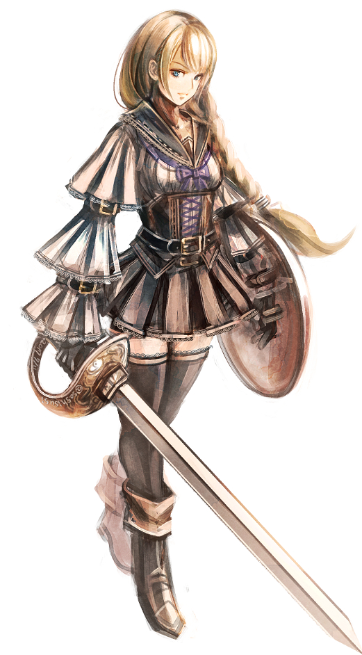 1girl bangs black_gloves black_thighhighs blonde_hair blue_eyes braid braided_ponytail closed_mouth floating_hair full_body gloves grey_sailor_collar grey_skirt holding holding_shield holding_sword holding_weapon knight layered_sleeves long_hair long_sleeves miniskirt neckerchief original pleated_skirt purple_neckerchief sailor_collar sailor_shirt shield shirt simple_background skirt solo standing sushi_(sashimise) sword thighhighs underbust very_long_hair weapon white_background white_shirt zettai_ryouiki