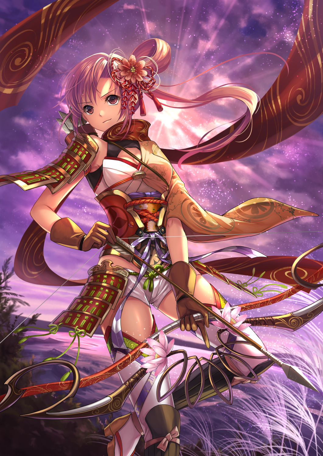 1girl armor arrow_(projectile) backlighting bangs bow_(weapon) breasts brown_gloves cleavage closed_mouth evening floating_hair flower gloves hair_flower hair_ornament hair_ribbon highres holding holding_arrow holding_bow_(weapon) holding_weapon kudo_kunugi long_hair medium_breasts original outdoors pink_hair purple_sky red_eyes red_flower red_ribbon red_scarf ribbon scarf shiny shiny_hair short_shorts shorts shoulder_armor side_ponytail sky smile solo star_(sky) starry_sky thighhighs weapon white_shorts white_thighhighs