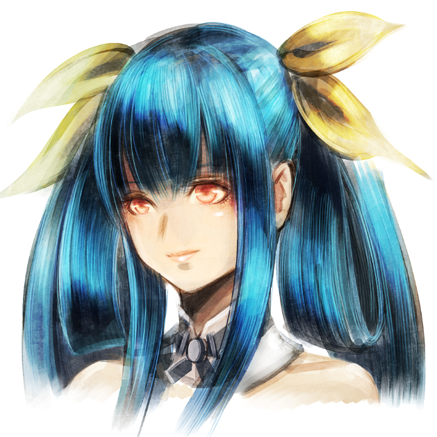 1girl bangs blue_hair bow closed_mouth collarbone detached_collar dizzy_(guilty_gear) guilty_gear hair_between_eyes hair_bow orange_eyes portrait simple_background solo sushi_(sashimise) twintails white_background yellow_bow